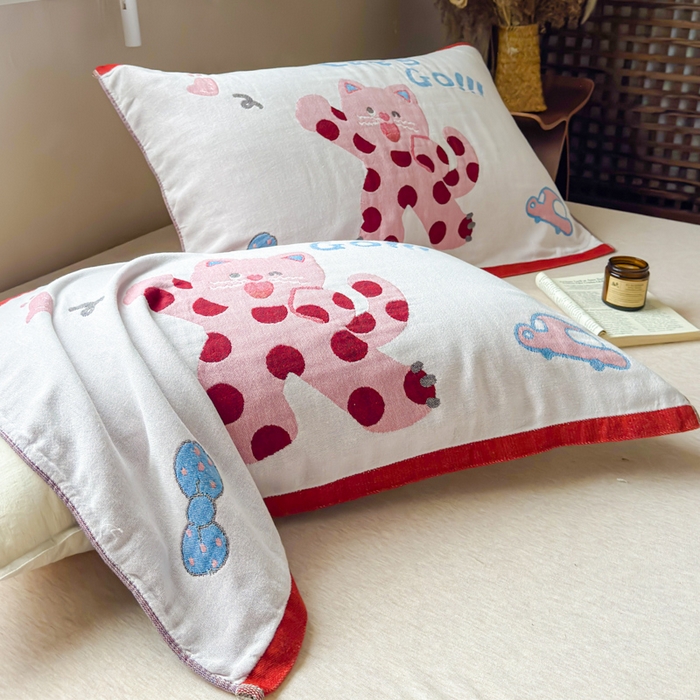 91家纺网 家纺一手货源 找家纺 乐家毛巾被（工厂自产自销） 2026新款全棉纯棉四层纱布枕巾 心心猫咪