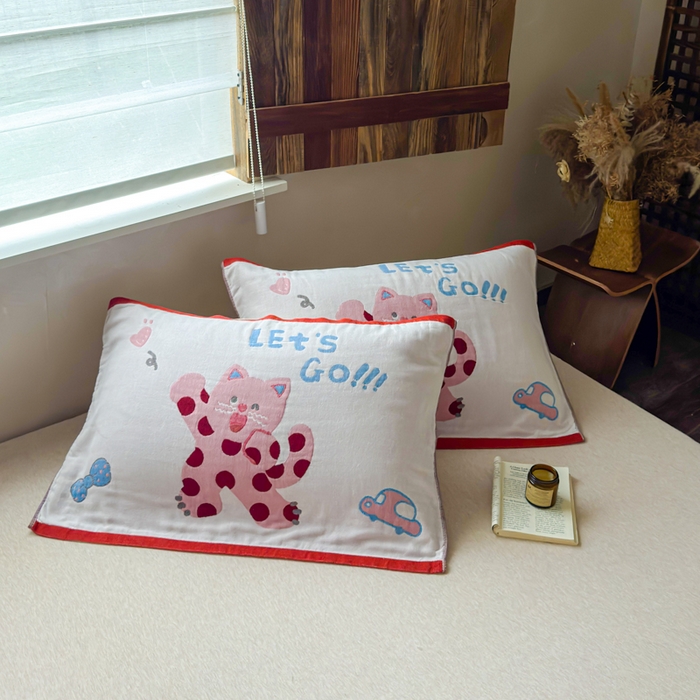 91家纺网 家纺一手货源 找家纺 乐家毛巾被（工厂自产自销） 2026新款全棉纯棉四层纱布枕巾 心心猫咪