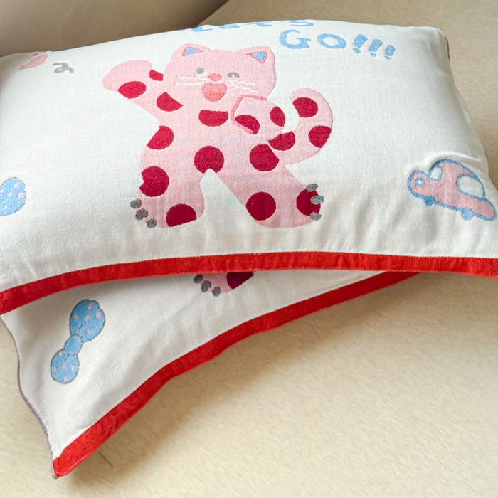 91家纺网 家纺一手货源 找家纺 乐家毛巾被（工厂自产自销） 2026新款全棉纯棉四层纱布枕巾 心心猫咪