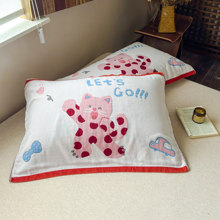 91家纺网 家纺一手货源 找家纺 乐家毛巾被（工厂自产自销） 2026新款全棉纯棉四层纱布枕巾 心心猫咪