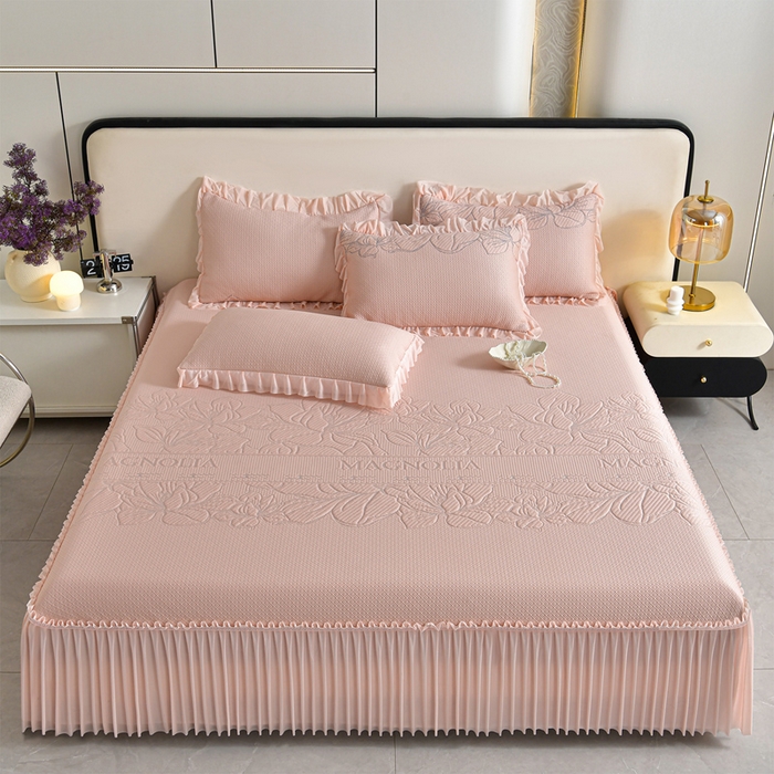 91家纺网 家纺一手货源 找家纺 畅畅家纺 2026新款聚乙烯中分子凉感冰感凉豆豆凉席席子床裙三件套-欧式伴夏 幸运草-灰