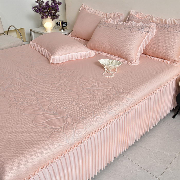 91家纺网 家纺一手货源 找家纺 （总）畅畅家纺 2026新款聚乙烯中分子凉感冰感凉豆豆凉席席子床裙三件套-欧式伴夏