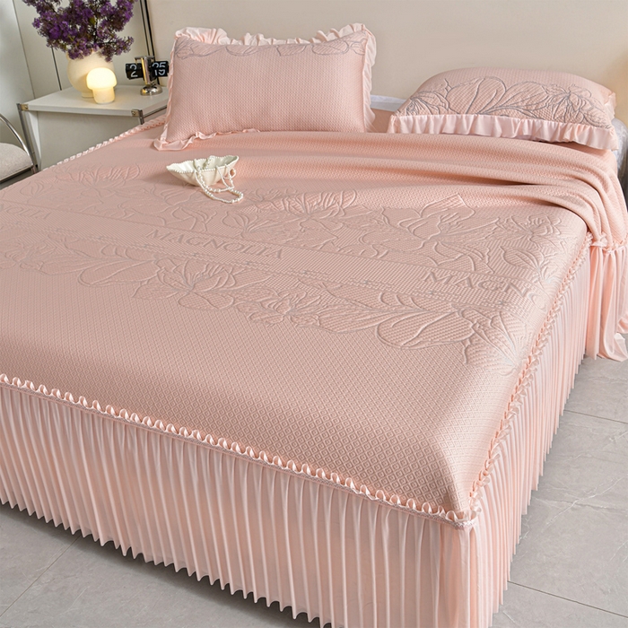 91家纺网 家纺一手货源 找家纺 （总）畅畅家纺 2026新款聚乙烯中分子凉感冰感凉豆豆凉席席子床裙三件套-欧式伴夏