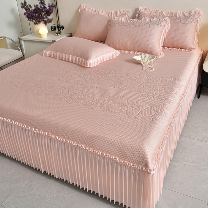 91家纺网 家纺一手货源 找家纺 （总）畅畅家纺 2026新款聚乙烯中分子凉感冰感凉豆豆凉席席子床裙三件套-欧式伴夏