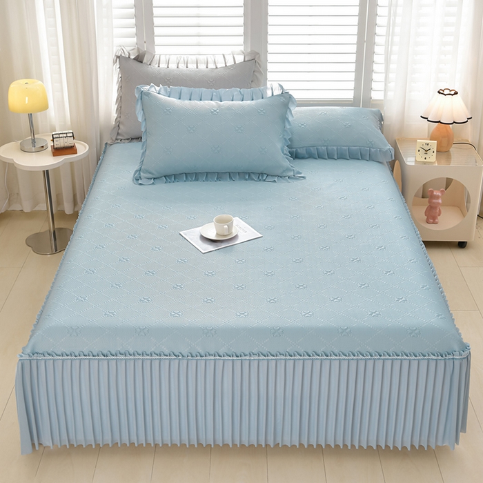 91家纺网 家纺一手货源 找家纺 （总）畅畅家纺 2026新款聚乙烯中分子凉感冰感凉豆豆凉席席子床裙三件套-欧式伴夏