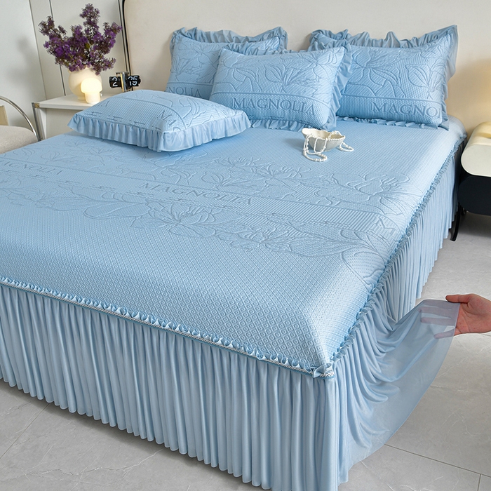 91家纺网 家纺一手货源 找家纺 畅畅家纺 2026新款聚乙烯中分子凉感冰感凉豆豆凉席席子床裙三件套-欧式伴夏 伴夏-蓝