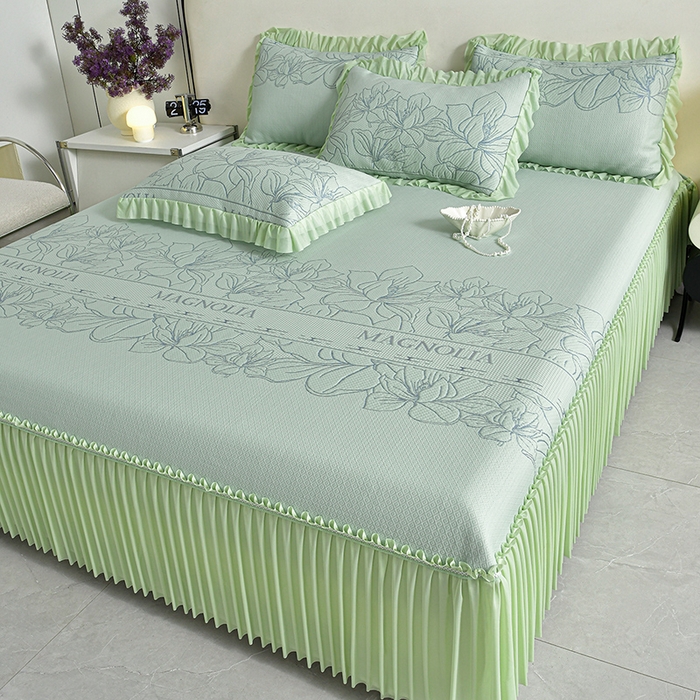 91家纺网 家纺一手货源 找家纺 畅畅家纺 2026新款聚乙烯中分子凉感冰感凉豆豆凉席席子床裙三件套-欧式伴夏 伴夏-绿