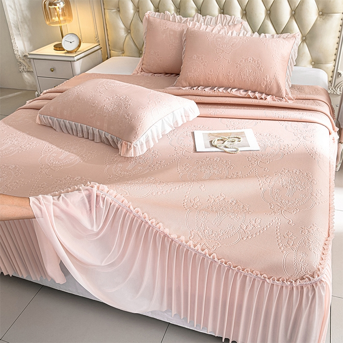 91家纺网 家纺一手货源 找家纺 畅畅家纺 2026新款聚乙烯中分子凉感冰感凉豆豆凉席席子床裙三件套-欧式伴夏 欧式-粉