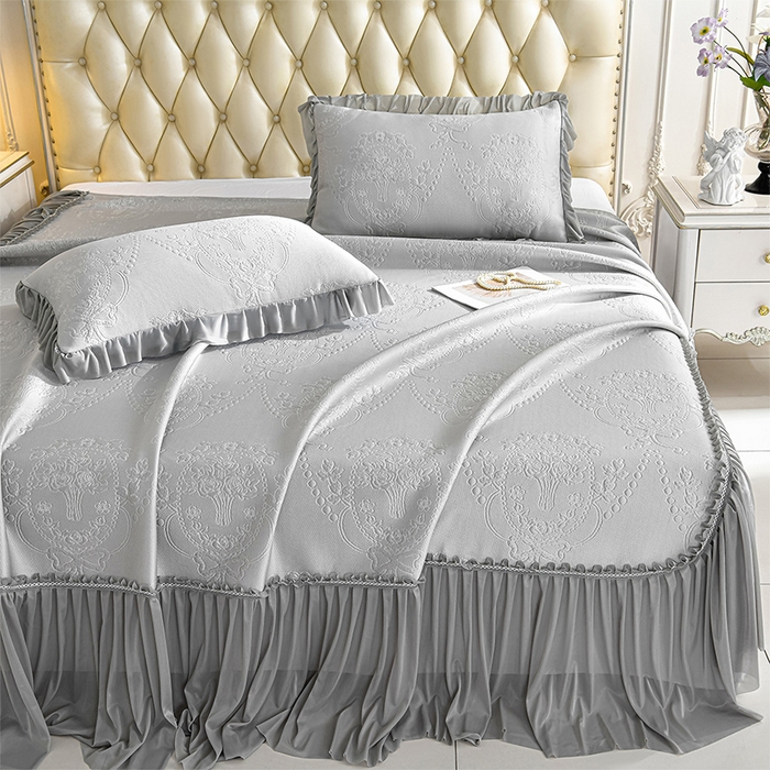 91家纺网 家纺一手货源 找家纺 畅畅家纺 2026新款聚乙烯中分子凉感冰感凉豆豆凉席席子床裙三件套-欧式伴夏 欧式-灰