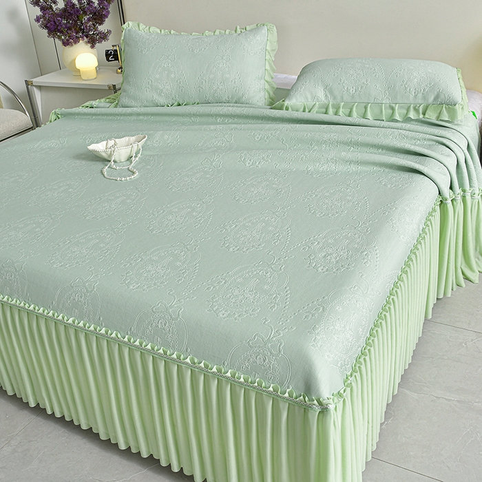 91家纺网 家纺一手货源 找家纺 畅畅家纺 2026新款聚乙烯中分子凉感冰感凉豆豆凉席席子床裙三件套-欧式伴夏 欧式-绿