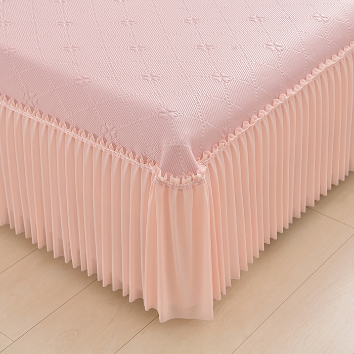 91家纺网 家纺一手货源 找家纺 畅畅家纺 2026新款聚乙烯中分子凉感冰感凉豆豆凉席席子床裙三件套-欧式伴夏 幸运草-粉