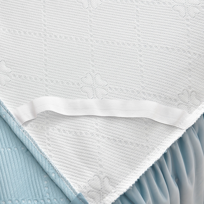 91家纺网 家纺一手货源 找家纺 畅畅家纺 2026新款聚乙烯中分子凉感冰感凉豆豆凉席席子床裙三件套-欧式伴夏 幸运草-蓝