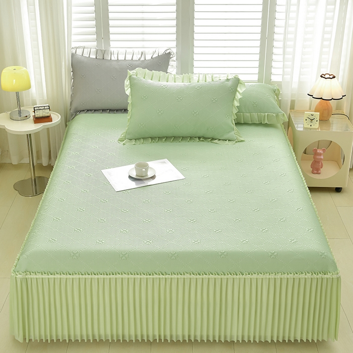 畅畅家纺 2026新款聚乙烯中分子凉感冰感凉豆豆凉席席子床裙三件套-欧式伴夏 幸运草-绿