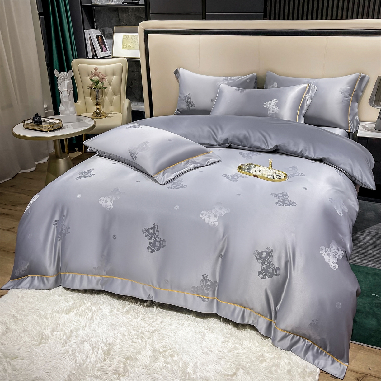 91家纺网 家纺一手货源 找家纺 经年 2026新款60S贡缎提花水洗真丝四件套 潮流熊-石灰