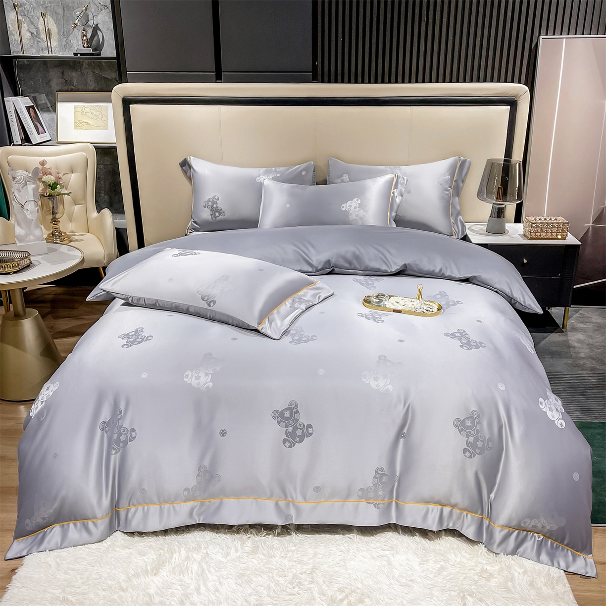 91家纺网 家纺一手货源 找家纺 经年 2026新款60S贡缎提花水洗真丝四件套 潮流熊-石灰