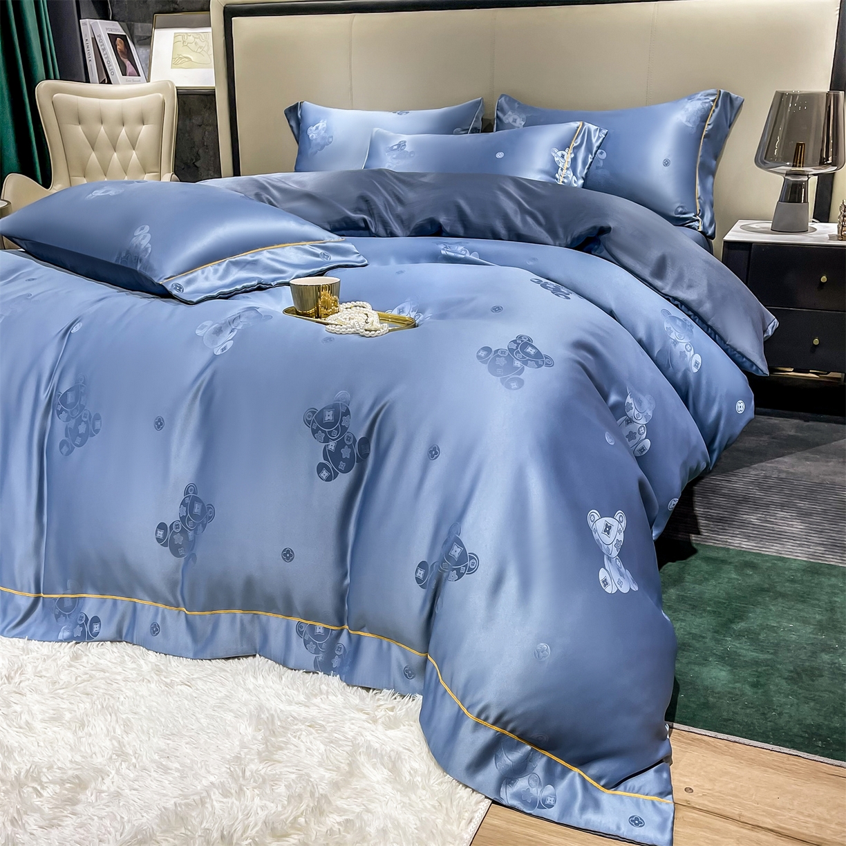 91家纺网 家纺一手货源 找家纺 经年 2026新款60S贡缎提花水洗真丝四件套 潮流熊-艳兰