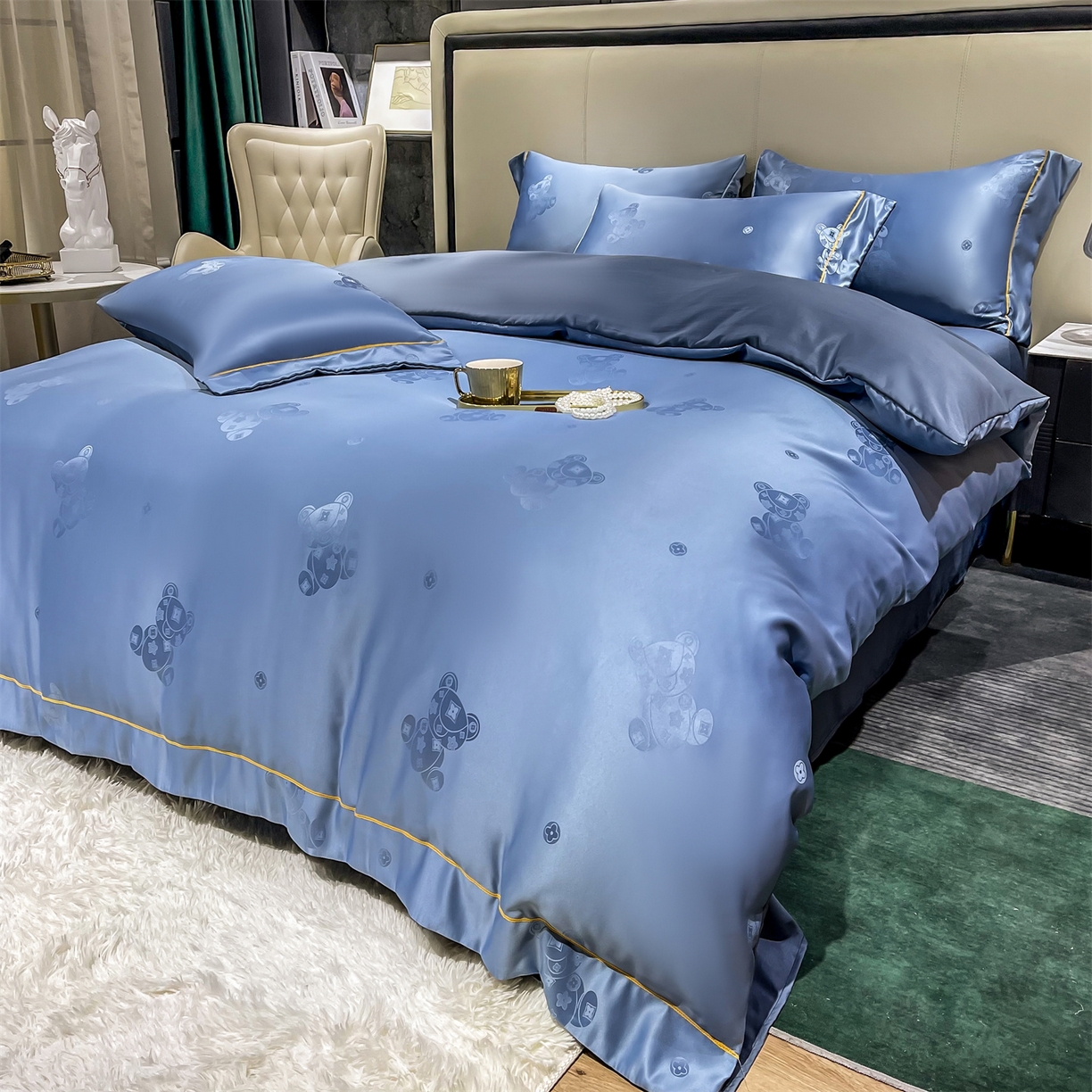 91家纺网 家纺一手货源 找家纺 经年 2026新款60S贡缎提花水洗真丝四件套 潮流熊-艳兰