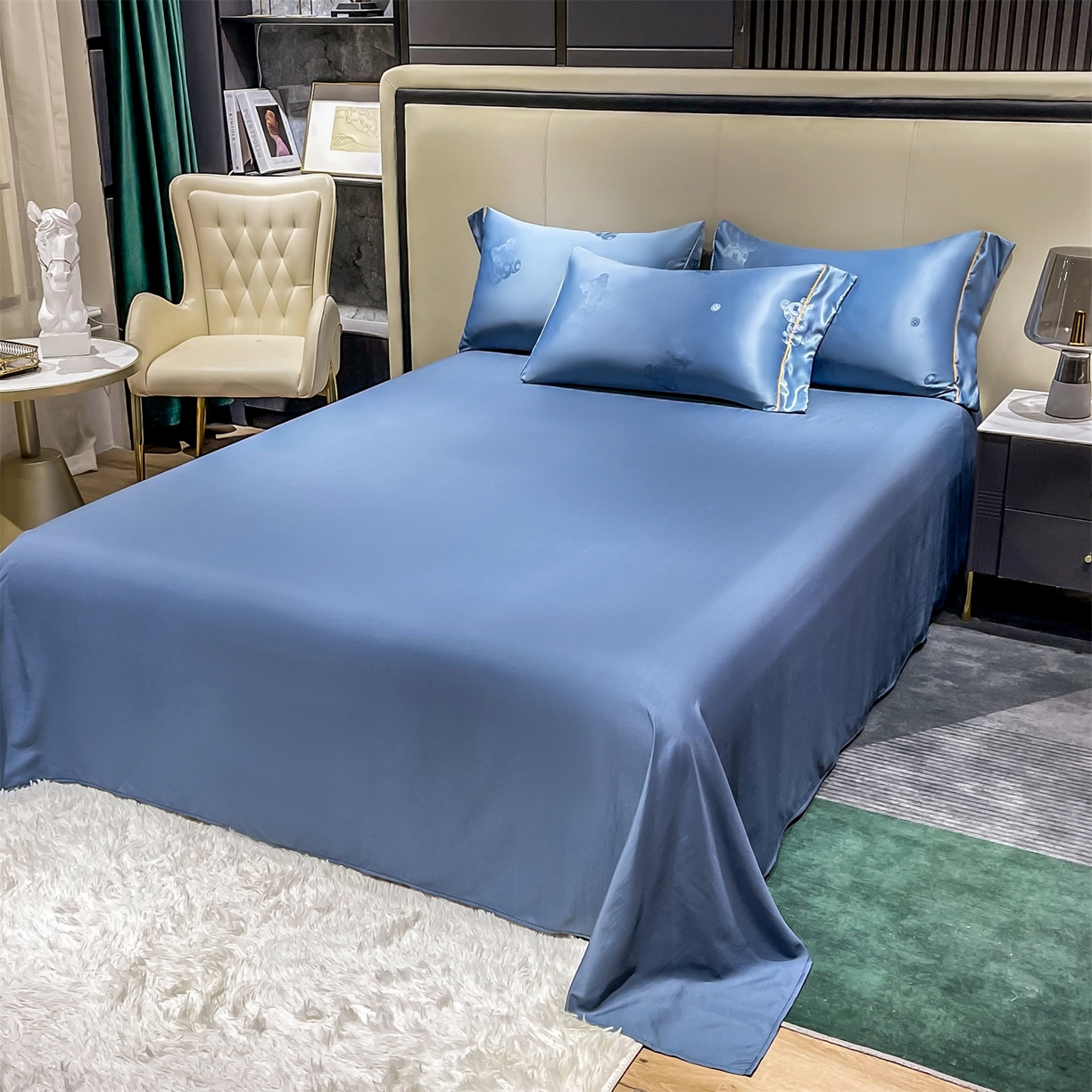 91家纺网 家纺一手货源 找家纺 经年 2026新款60S贡缎提花水洗真丝四件套 潮流熊-艳兰