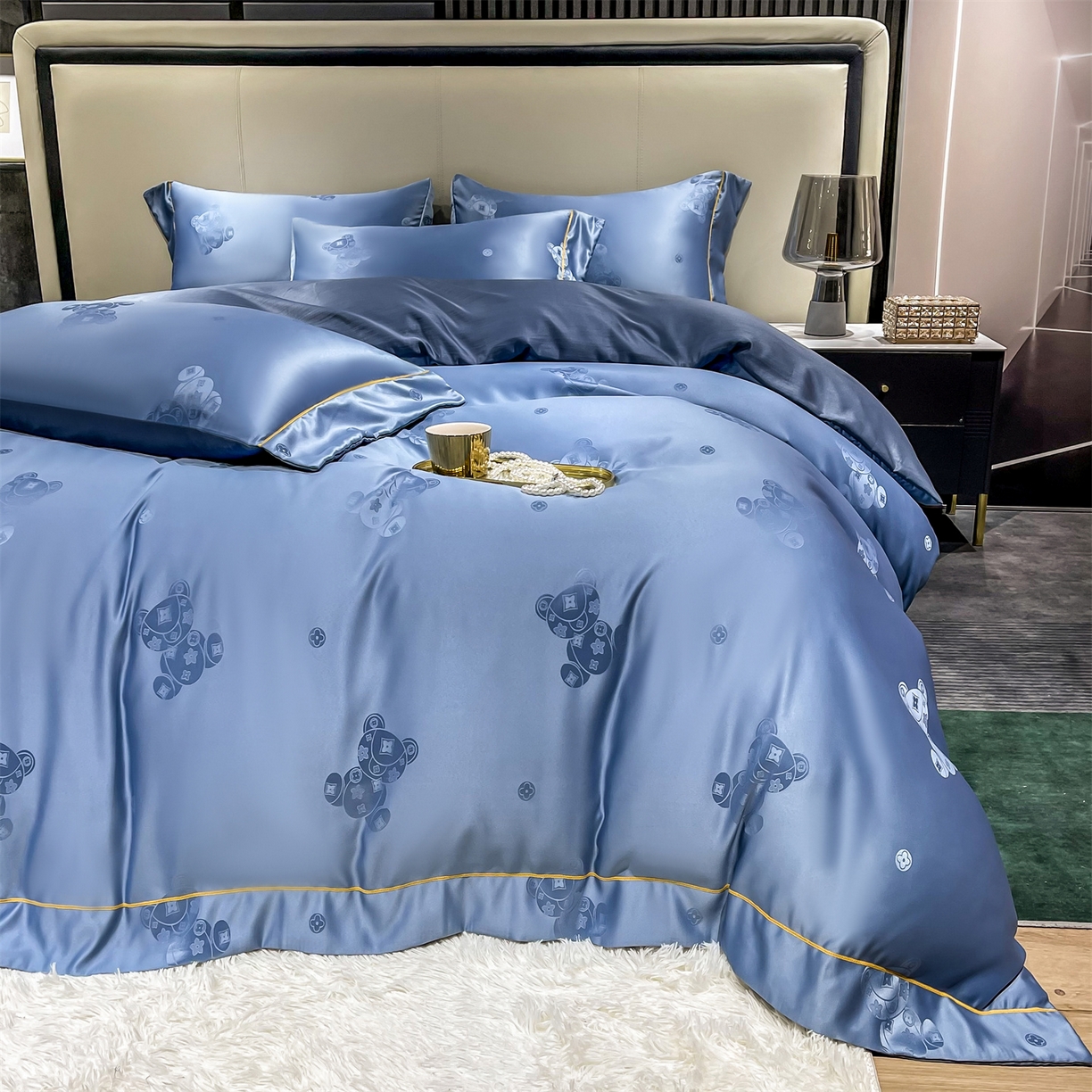 91家纺网 家纺一手货源 找家纺 经年 2026新款60S贡缎提花水洗真丝四件套 潮流熊-艳兰