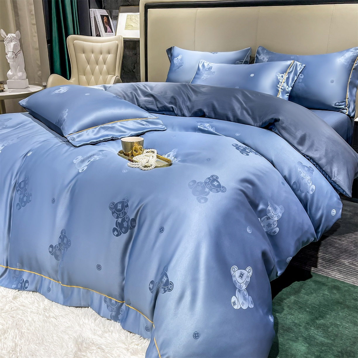 91家纺网 家纺一手货源 找家纺 经年 2026新款60S贡缎提花水洗真丝四件套 潮流熊-艳兰