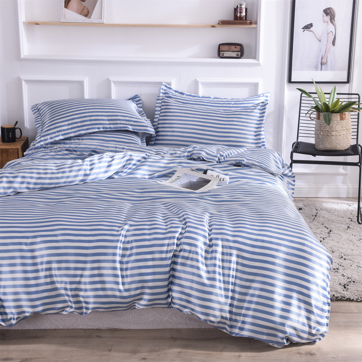 91家纺网 家纺一手货源 找家纺 经年 2026年条纹丝绸冰丝四件套 蓝中条