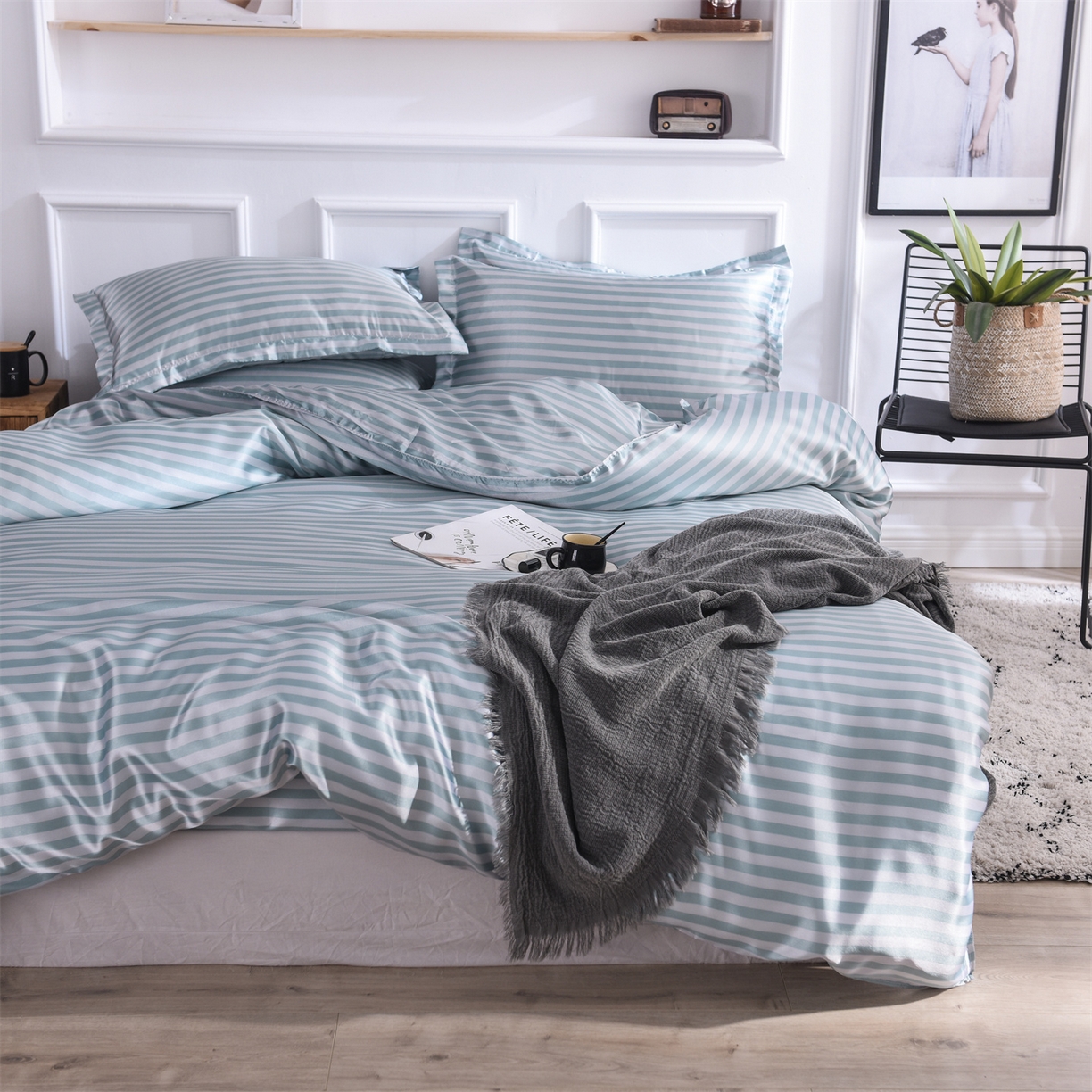 91家纺网 家纺一手货源 找家纺 经年 2026年条纹丝绸冰丝四件套 浅绿中条