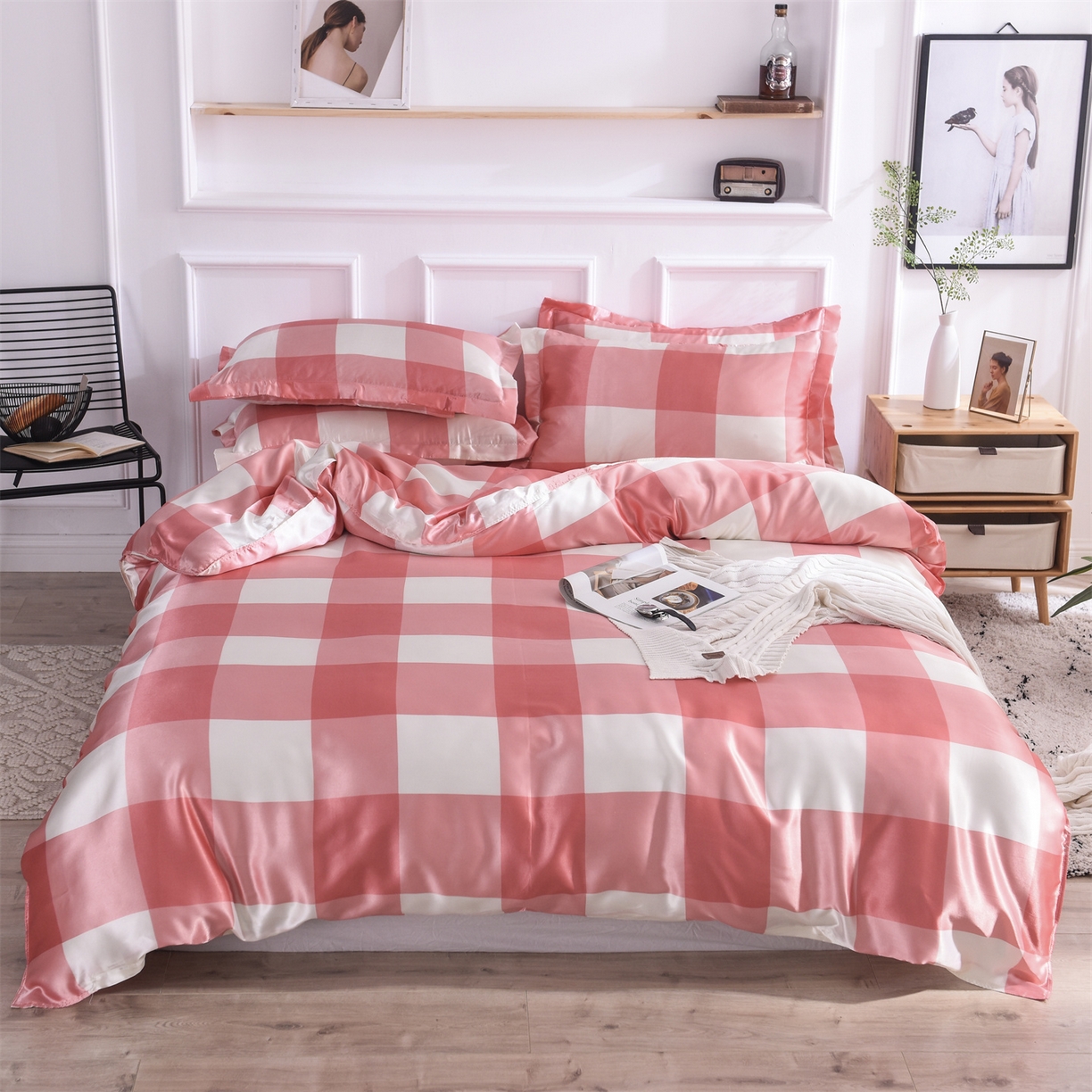 91家纺网 家纺一手货源 找家纺 经年 2026年条纹丝绸冰丝四件套 红白大格