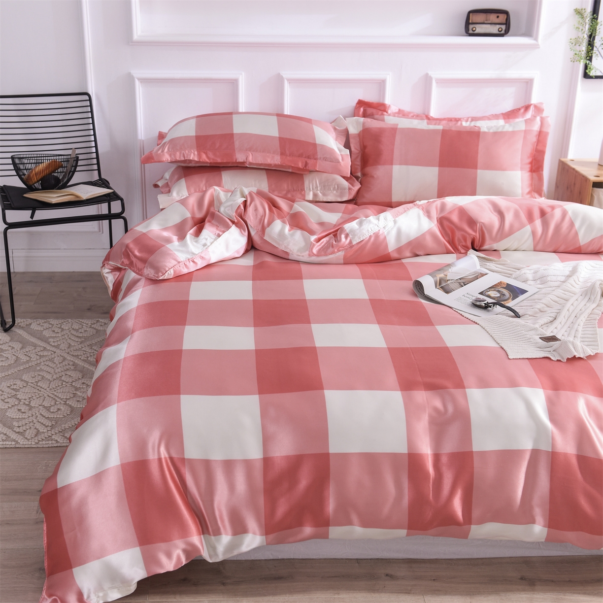 91家纺网 家纺一手货源 找家纺 经年 2026年条纹丝绸冰丝四件套 红白大格