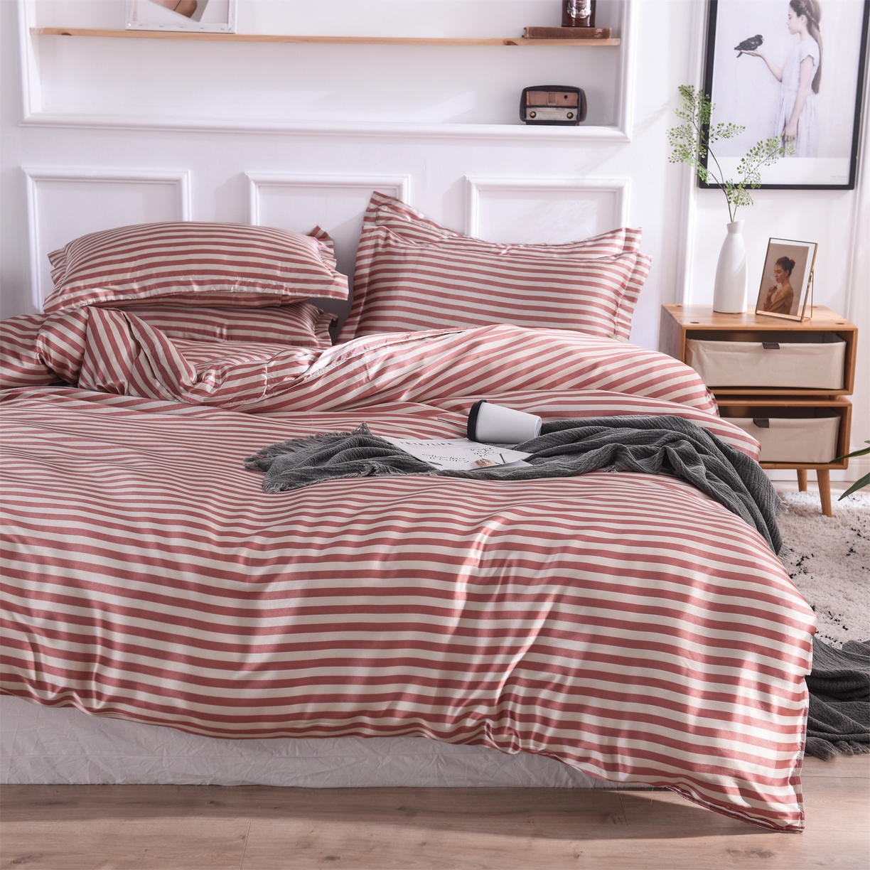 经年 2026年条纹丝绸冰丝四件套 红棕中条