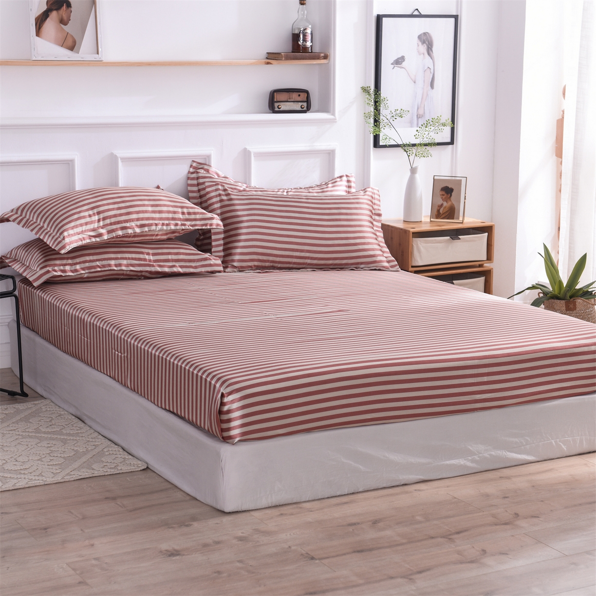 91家纺网 家纺一手货源 找家纺 经年 2026年条纹丝绸冰丝四件套 红棕中条