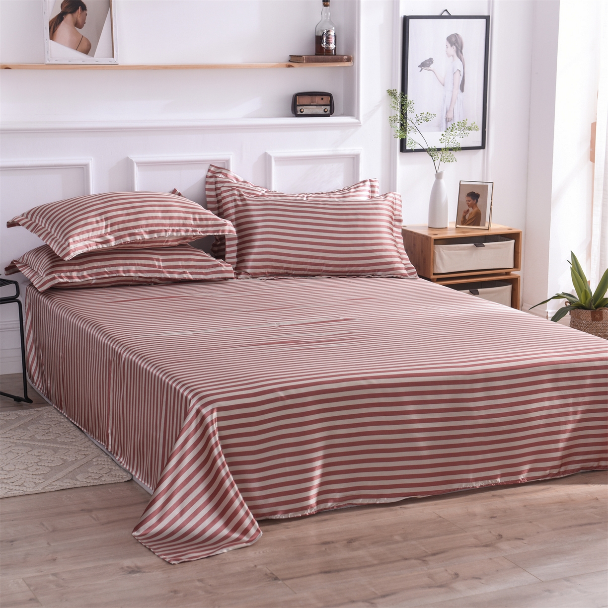 91家纺网 家纺一手货源 找家纺 经年 2026年条纹丝绸冰丝四件套 红棕中条