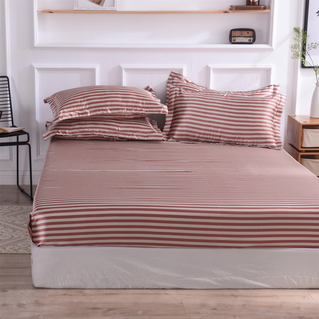 91家纺网 家纺一手货源 找家纺 经年 2026年条纹丝绸冰丝四件套 红棕中条