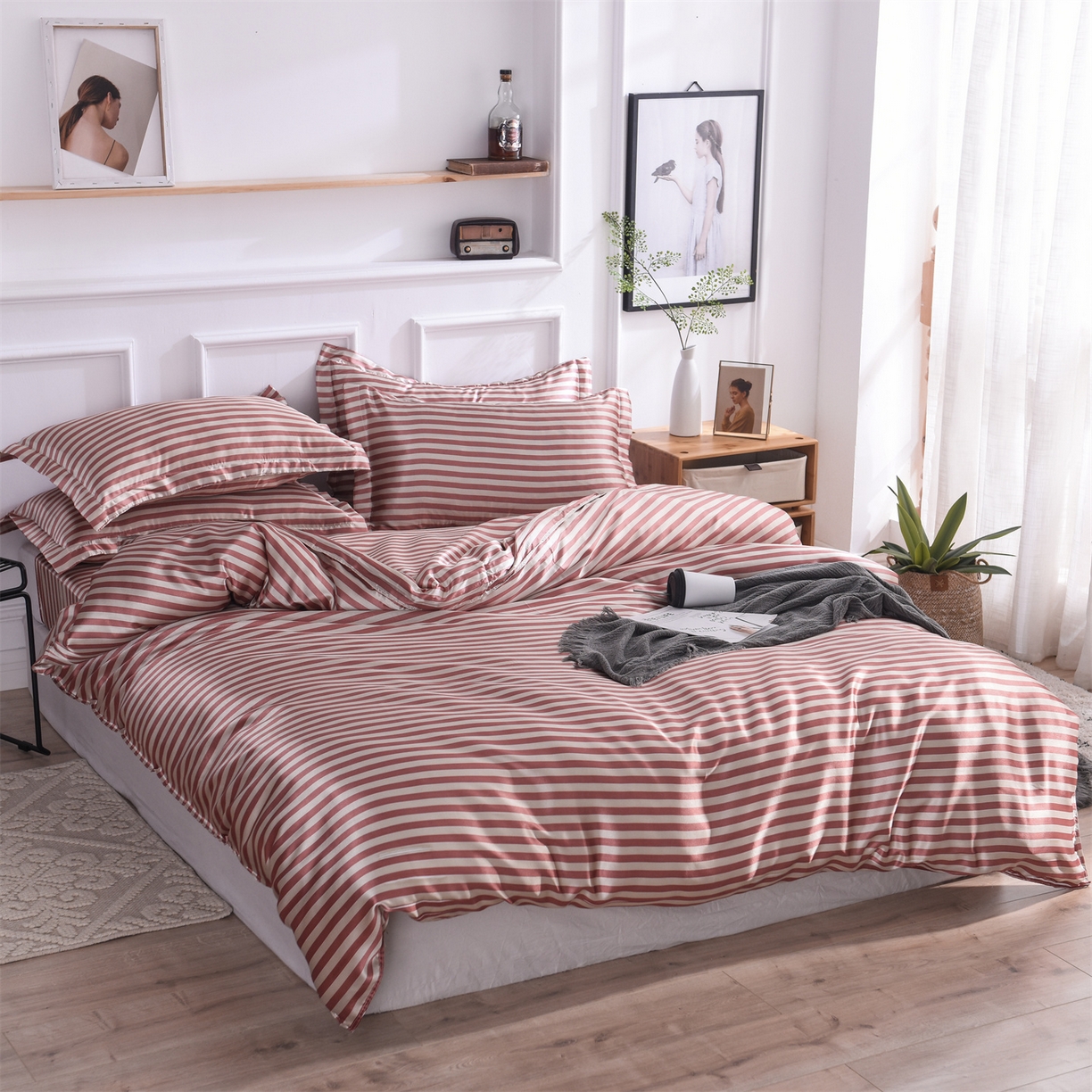 91家纺网 家纺一手货源 找家纺 经年 2026年条纹丝绸冰丝四件套 红棕中条