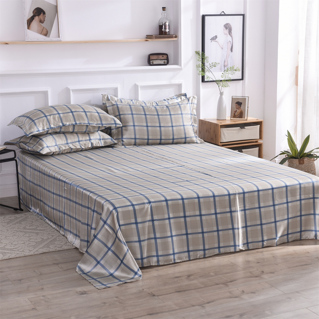 91家纺网 家纺一手货源 找家纺 经年 2026年条纹丝绸冰丝四件套 灰蓝方格