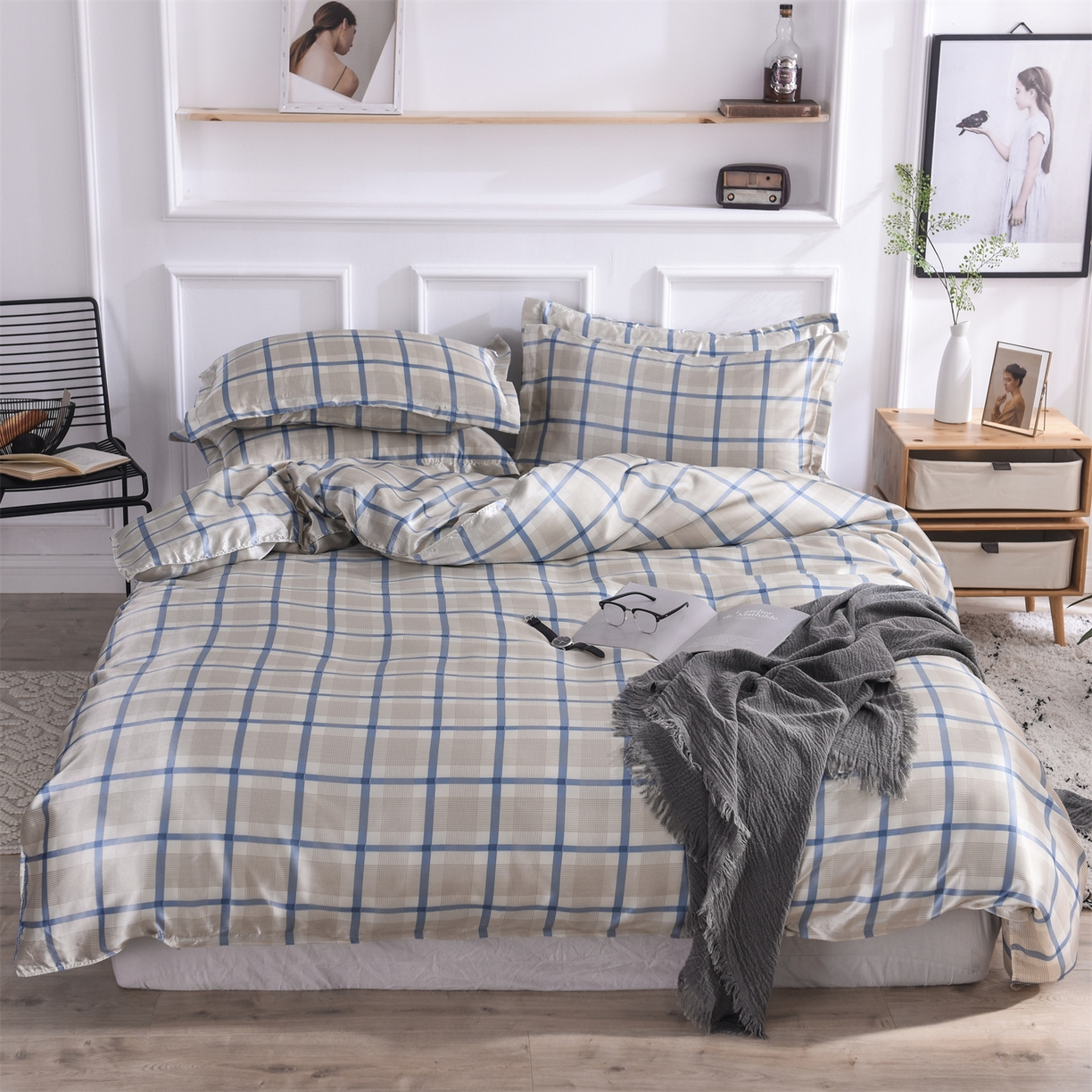 91家纺网 家纺一手货源 找家纺 经年 2026年条纹丝绸冰丝四件套 灰蓝方格