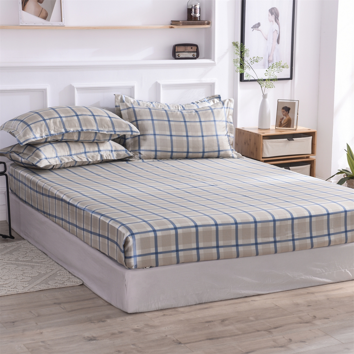 91家纺网 家纺一手货源 找家纺 经年 2026年条纹丝绸冰丝四件套 灰蓝方格