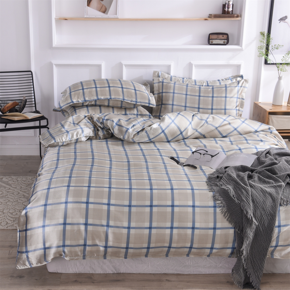 91家纺网 家纺一手货源 找家纺 经年 2026年条纹丝绸冰丝四件套 灰蓝方格