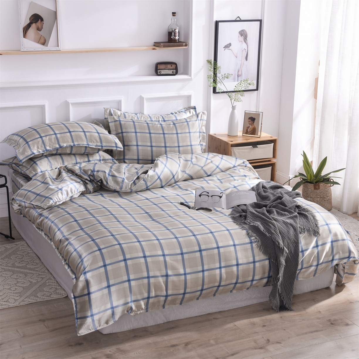 91家纺网 家纺一手货源 找家纺 经年 2026年条纹丝绸冰丝四件套 灰蓝方格