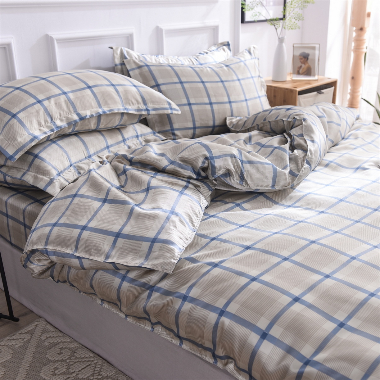 91家纺网 家纺一手货源 找家纺 经年 2026年条纹丝绸冰丝四件套 灰蓝方格