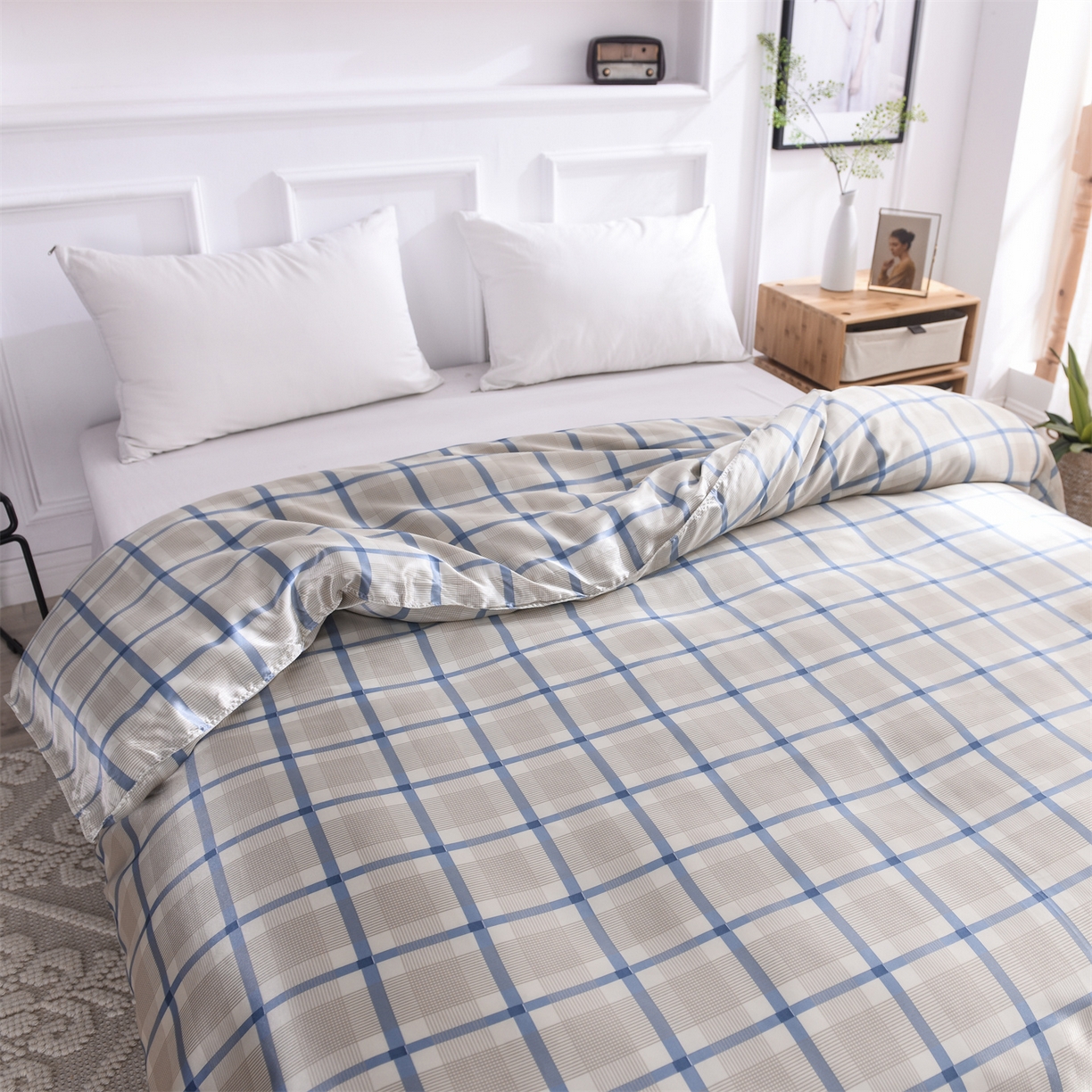 91家纺网 家纺一手货源 找家纺 经年 2026年条纹丝绸冰丝四件套 灰蓝方格