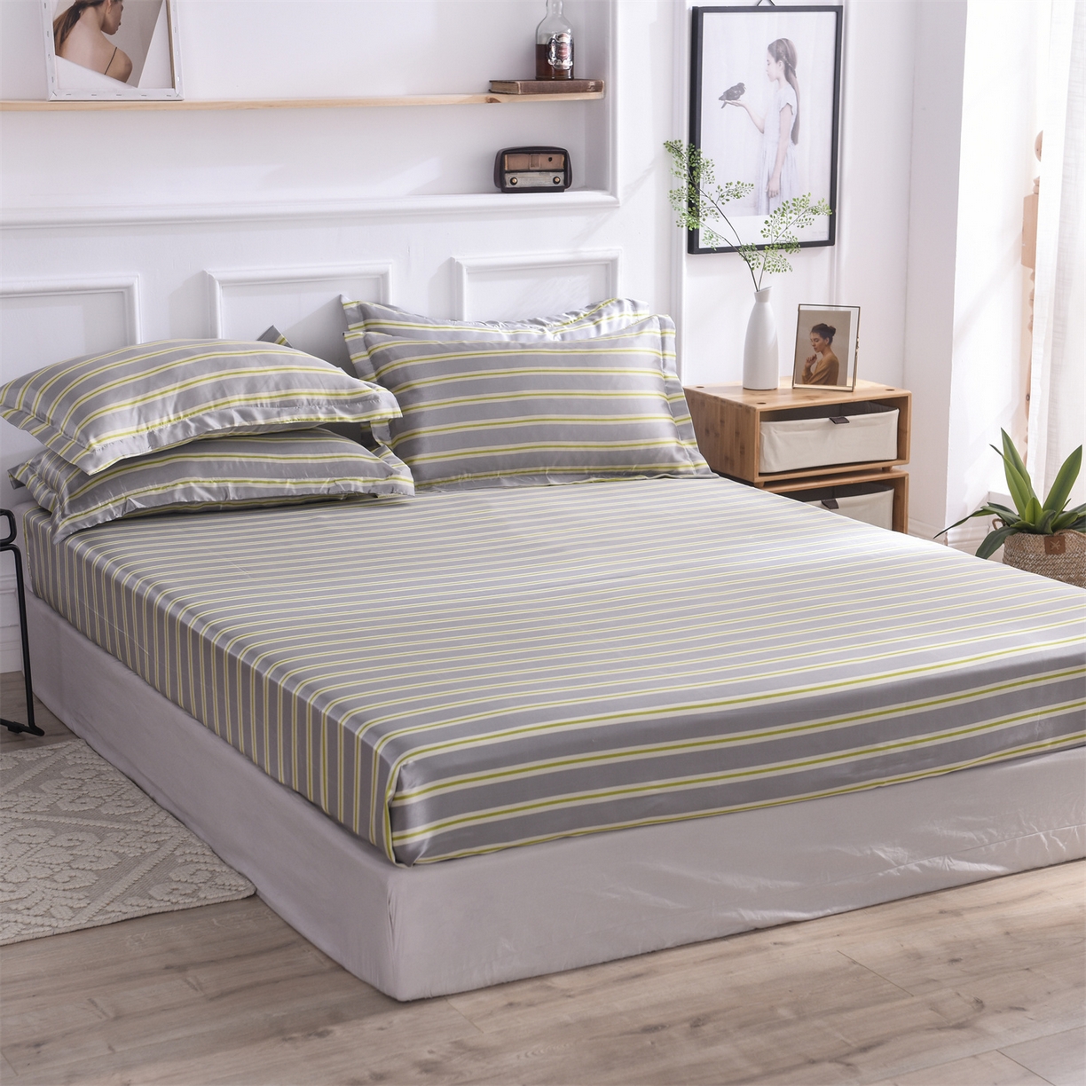 91家纺网 家纺一手货源 找家纺 经年 2026年条纹丝绸冰丝四件套 灰绿细条