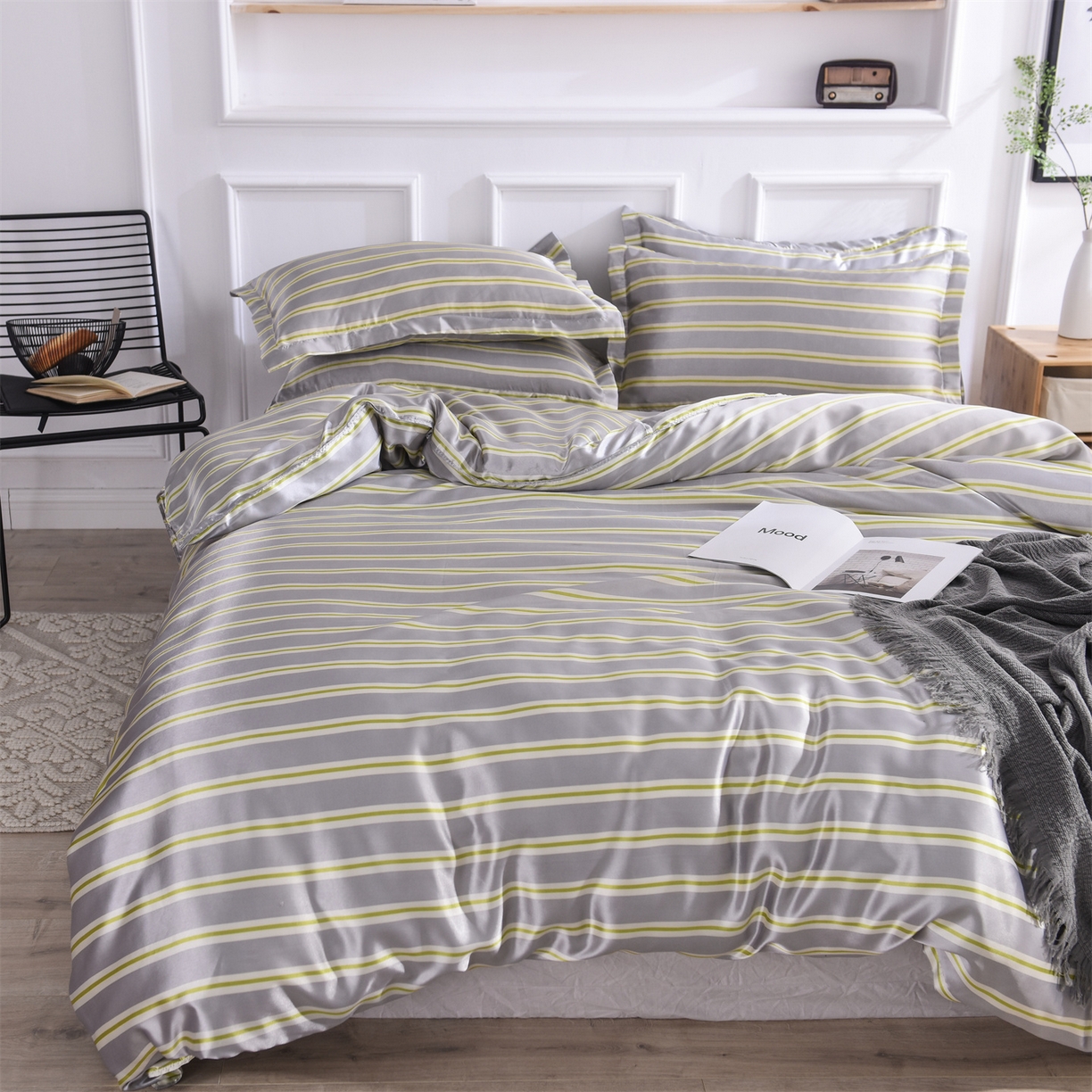 91家纺网 家纺一手货源 找家纺 经年 2026年条纹丝绸冰丝四件套 灰绿细条