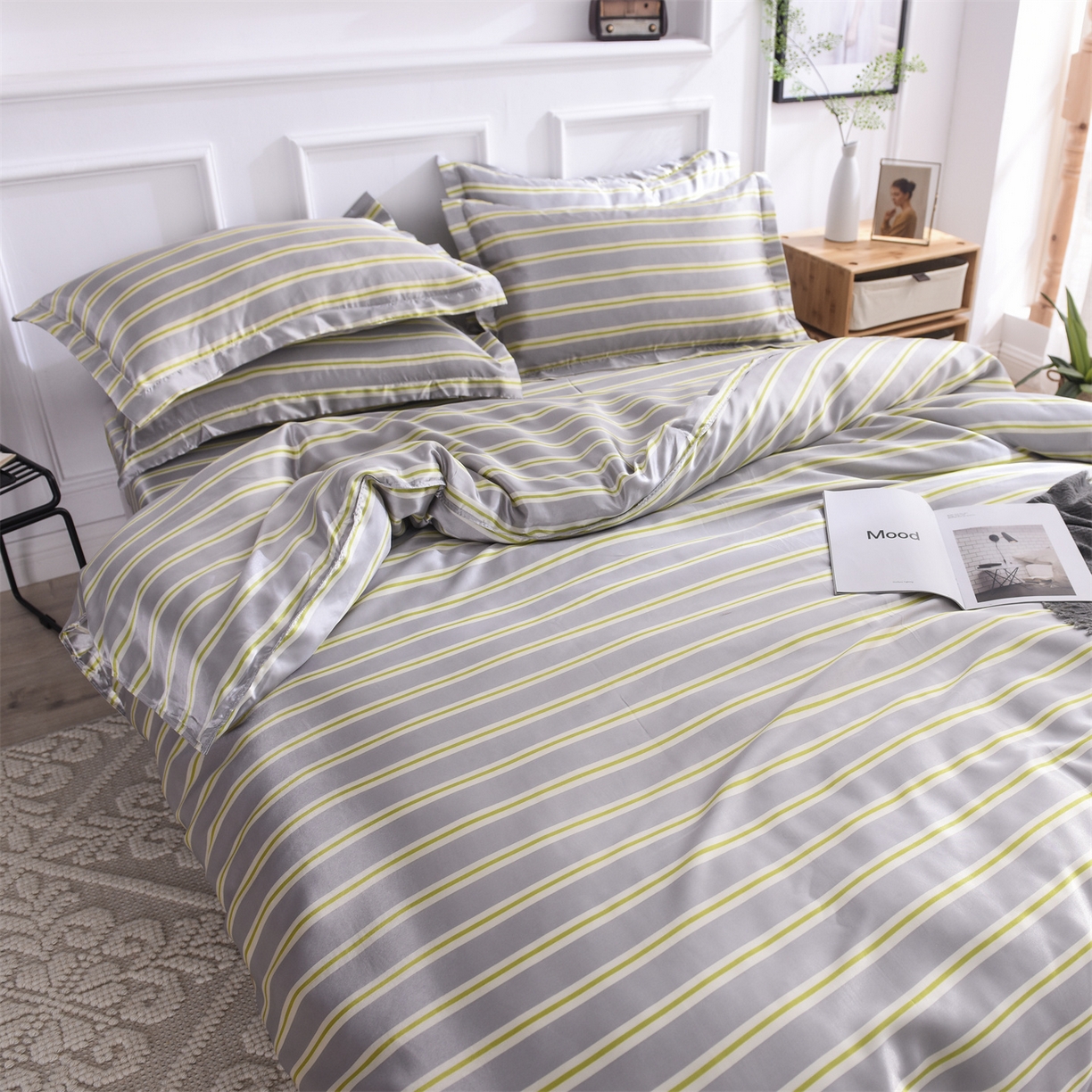 91家纺网 家纺一手货源 找家纺 经年 2026年条纹丝绸冰丝四件套 灰绿细条