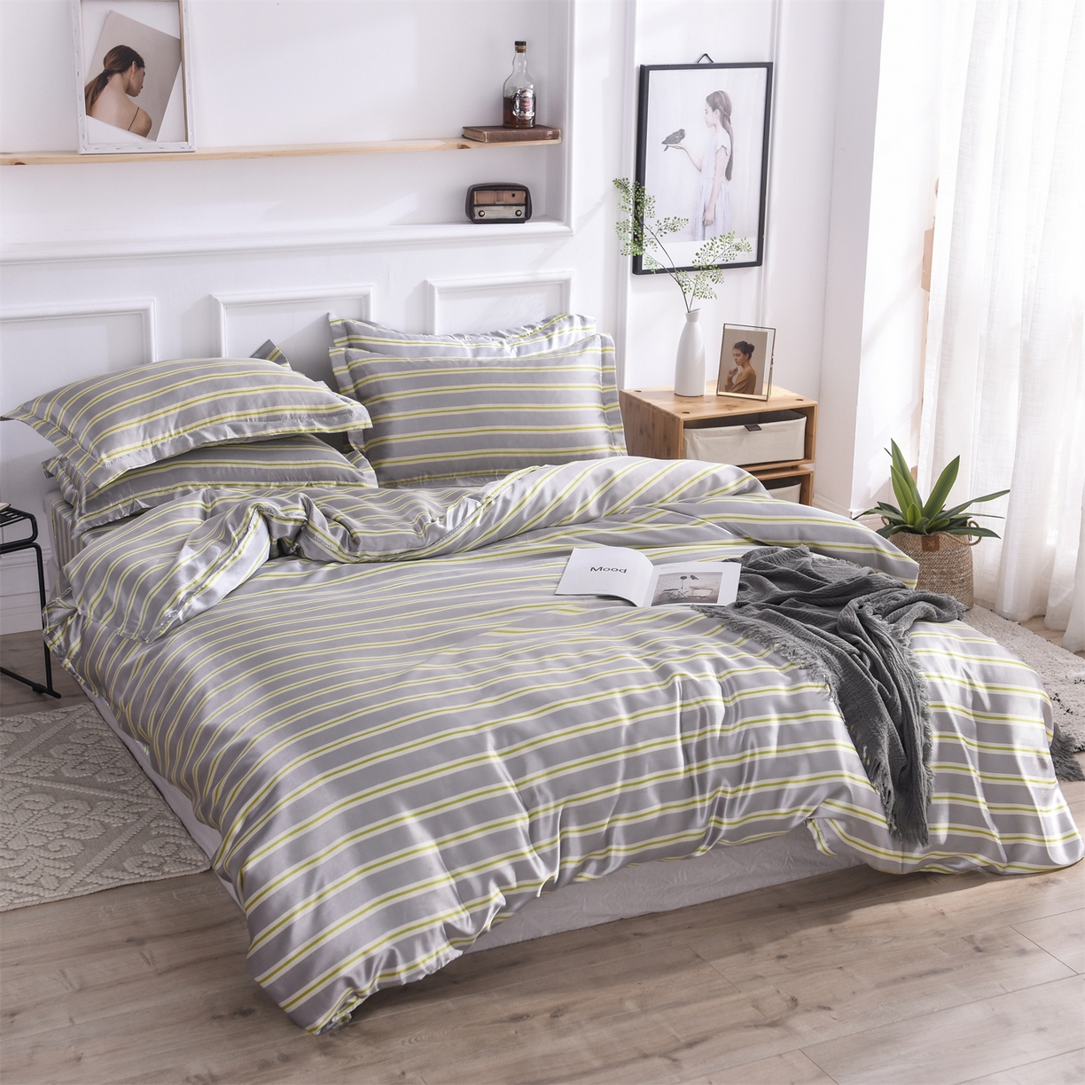 91家纺网 家纺一手货源 找家纺 经年 2026年条纹丝绸冰丝四件套 灰绿细条