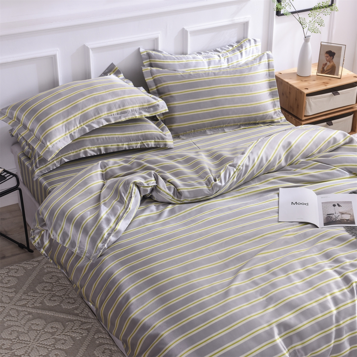 91家纺网 家纺一手货源 找家纺 经年 2026年条纹丝绸冰丝四件套 灰绿细条