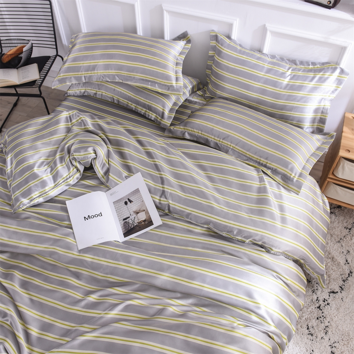 91家纺网 家纺一手货源 找家纺 经年 2026年条纹丝绸冰丝四件套 灰绿细条