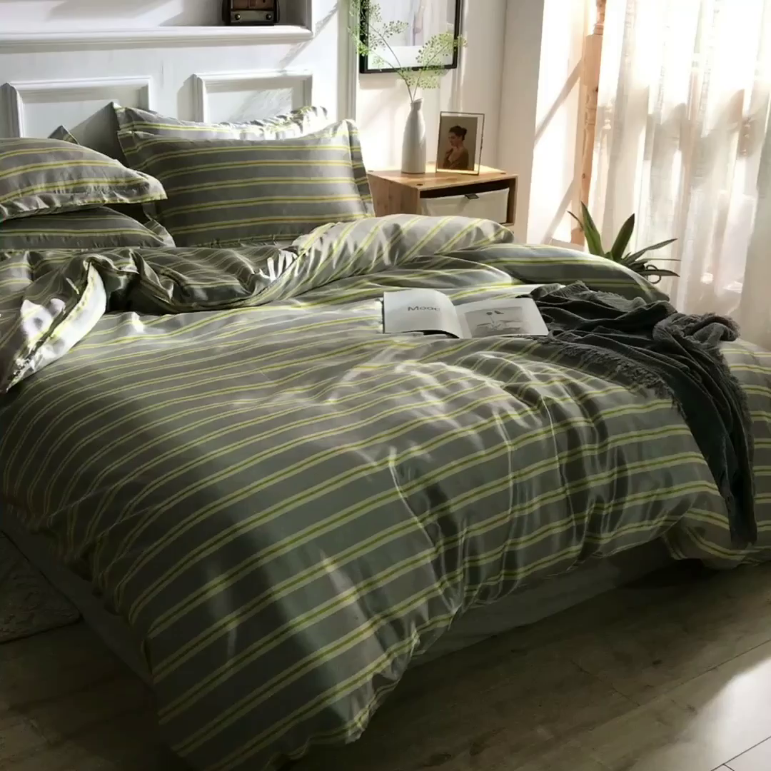 91家纺网 家纺一手货源 找家纺 经年 2026年条纹丝绸冰丝四件套 灰绿细条