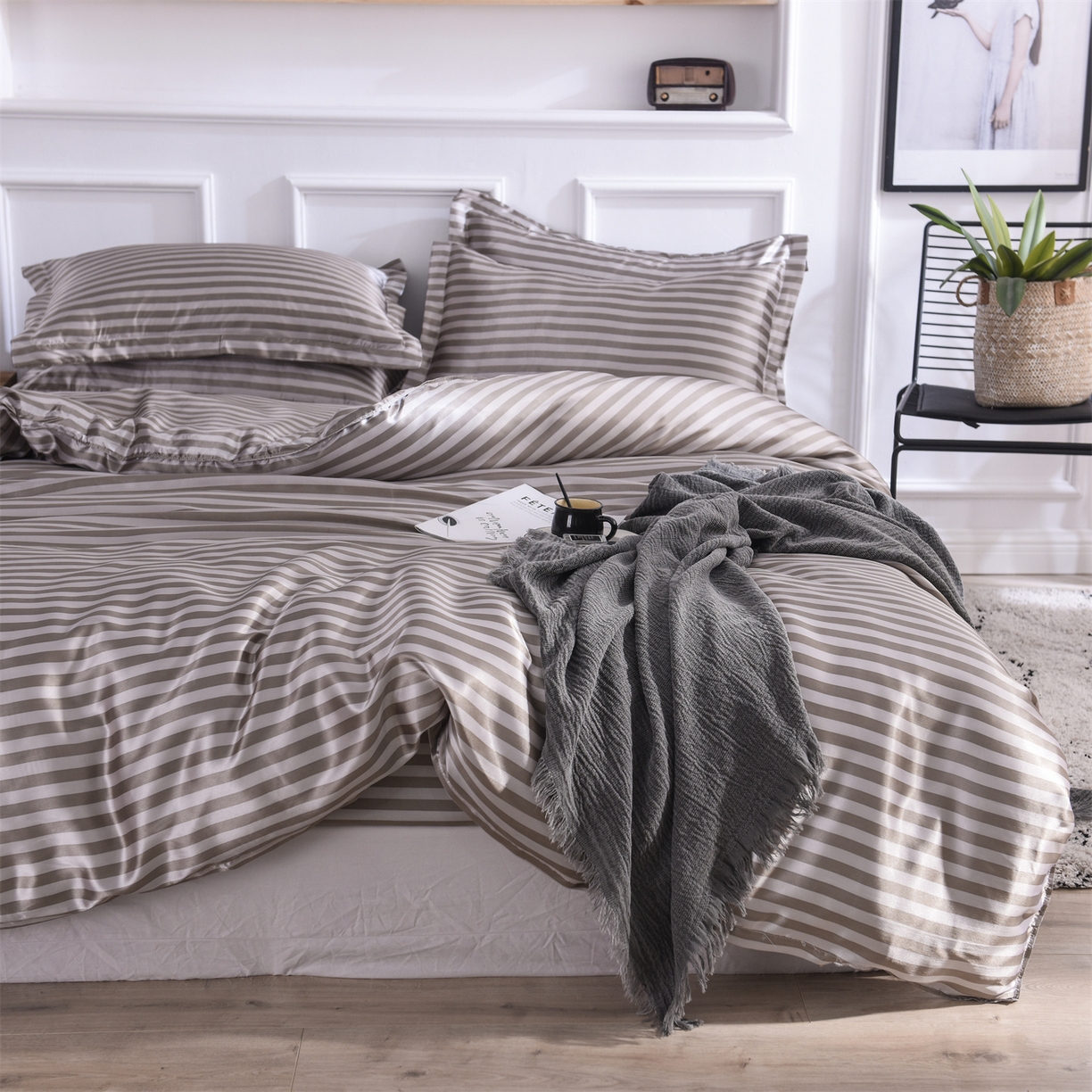 经年 2026年条纹丝绸冰丝四件套 咖啡中条