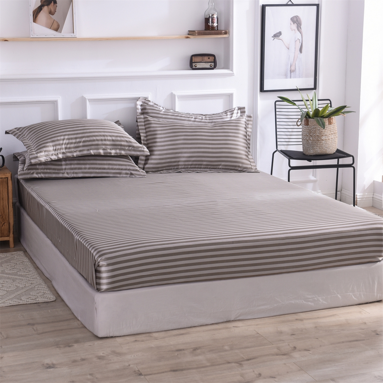 91家纺网 家纺一手货源 找家纺 经年 2026年条纹丝绸冰丝四件套 咖啡中条