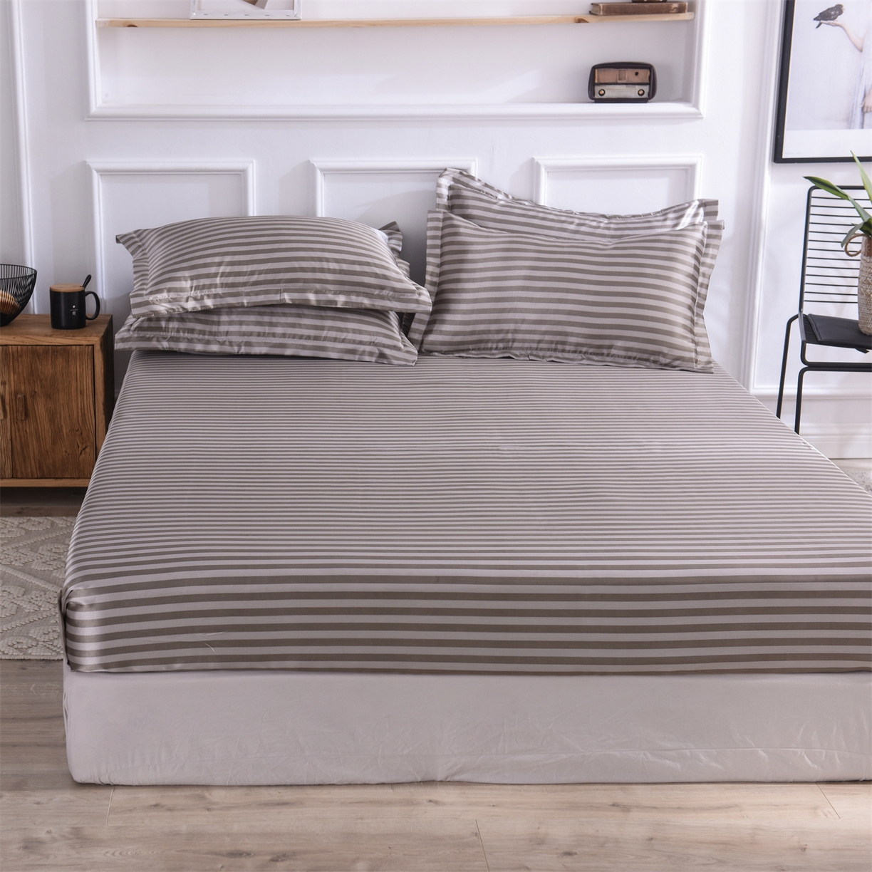 91家纺网 家纺一手货源 找家纺 经年 2026年条纹丝绸冰丝四件套 咖啡中条